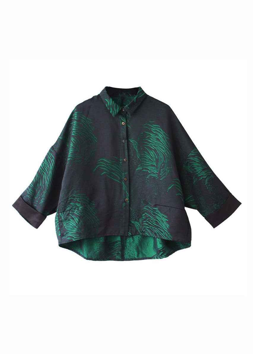 French Blackish Green Peter Pan Collar Print Patchwork Silk Shirts Long Sleeve LY4578 - fabuloryshop