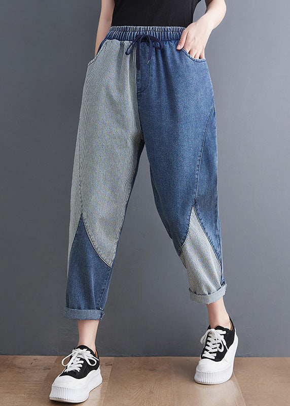 French Blue Asymmetrical Patchwork Drawstring Elastic Waist Denim Crop Pants Spring LY0638 - fabuloryshop