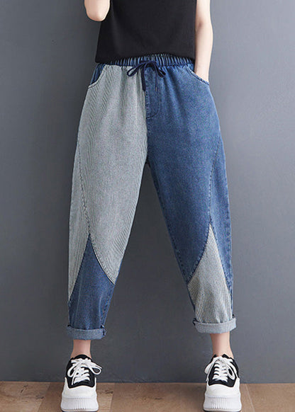 French Blue Asymmetrical Patchwork Drawstring Elastic Waist Denim Crop Pants Spring LY0638 - fabuloryshop