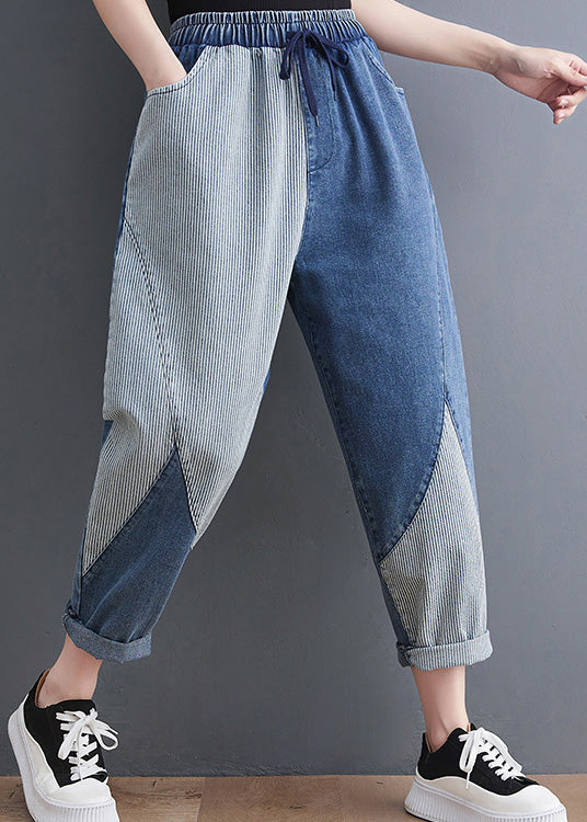 French Blue Asymmetrical Patchwork Drawstring Elastic Waist Denim Crop Pants Spring LY0638 - fabuloryshop