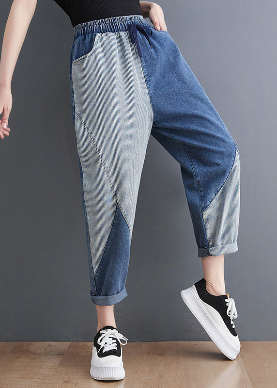 French Blue Asymmetrical Patchwork Drawstring Elastic Waist Denim Crop Pants Spring LY0638 - fabuloryshop