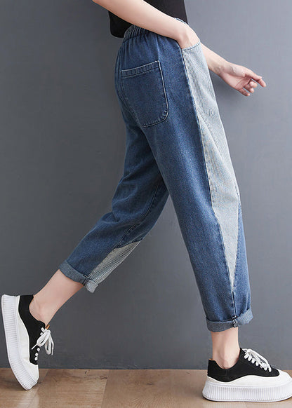 French Blue Asymmetrical Patchwork Drawstring Elastic Waist Denim Crop Pants Spring LY0638 - fabuloryshop