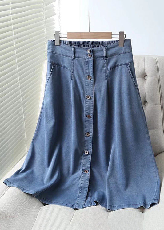 French Blue Button Pockets Elastic Waist Patchwork Skirts Fall Ada Fashion