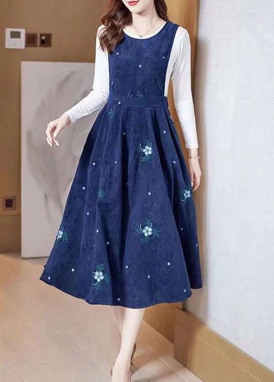 French Blue Embroideried Patchwork Corduroy Two Pieces Set Fall Ada Fashion