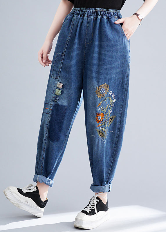 French Blue Embroideried Patchwork Denim Harem Pants Summer LY4915 - fabuloryshop