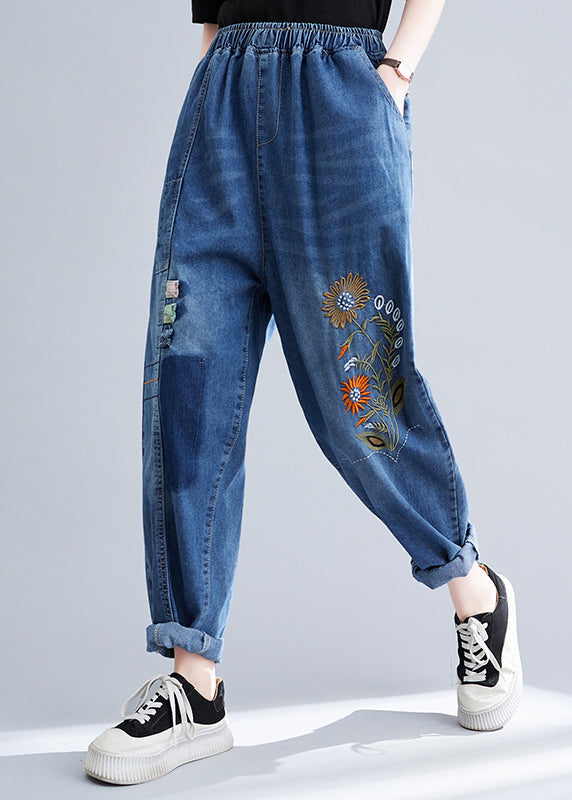 French Blue Embroideried Patchwork Denim Harem Pants Summer LY4915 - fabuloryshop