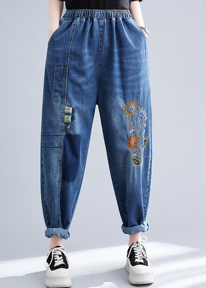 French Blue Embroideried Patchwork Denim Harem Pants Summer LY4915 - fabuloryshop