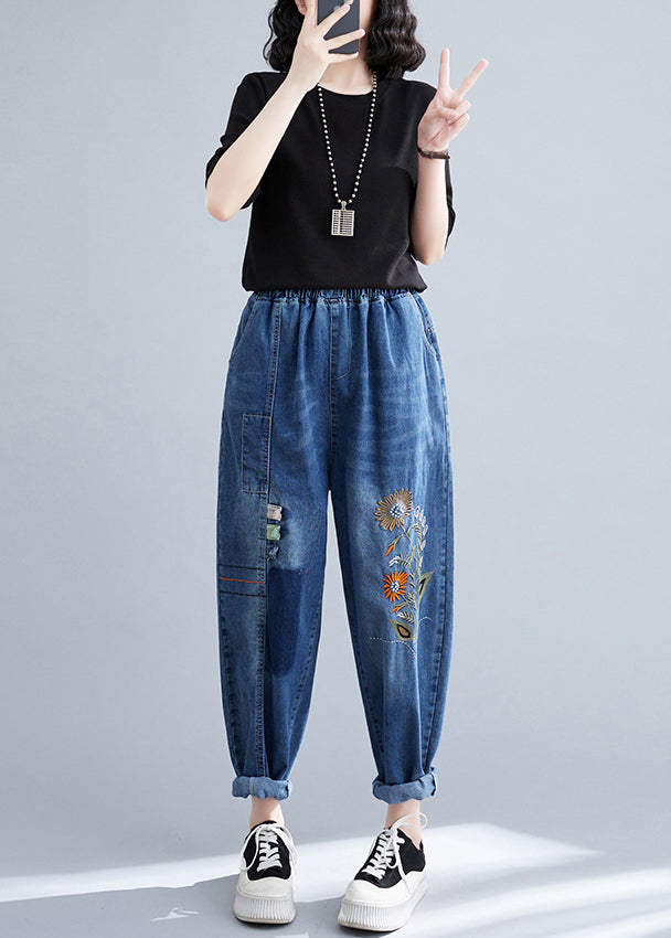 French Blue Embroideried Patchwork Denim Harem Pants Summer LY4915 - fabuloryshop