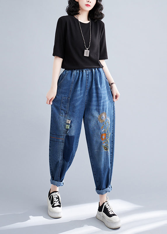 French Blue Embroideried Patchwork Denim Harem Pants Summer LY4915 - fabuloryshop