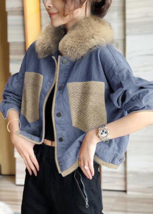 French Blue Fur Collar Button Patchwork Cotton Coats Winter Ada Fashion