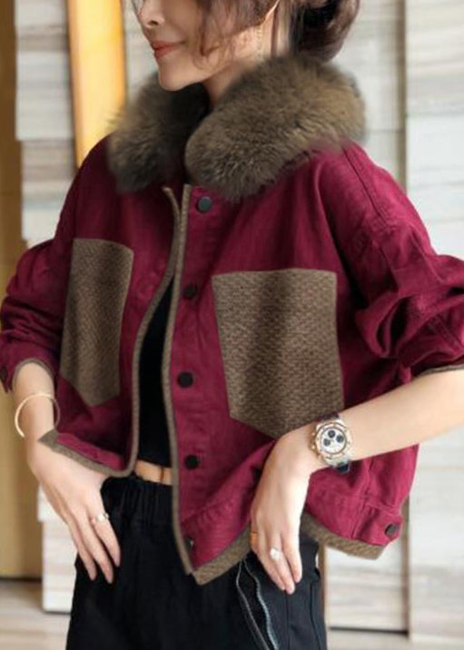 French Blue Fur Collar Button Patchwork Cotton Coats Winter Ada Fashion