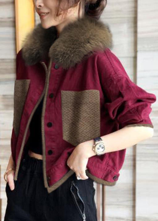 French Blue Fur Collar Button Patchwork Cotton Coats Winter Ada Fashion