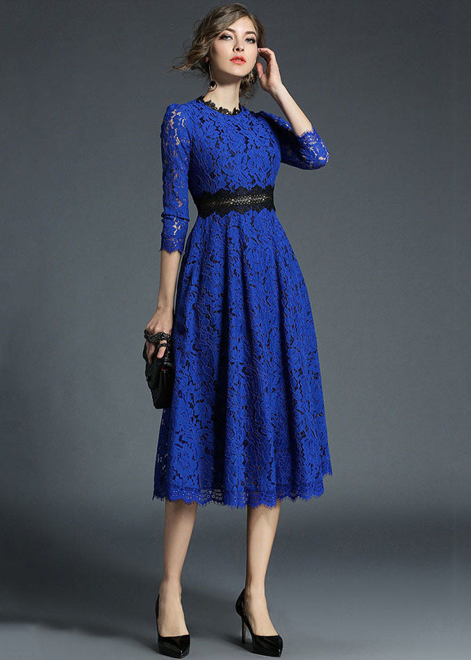 French Blue Hollow Out Embroideried Patchwork Lace Dresses Summer LY7366 - fabuloryshop