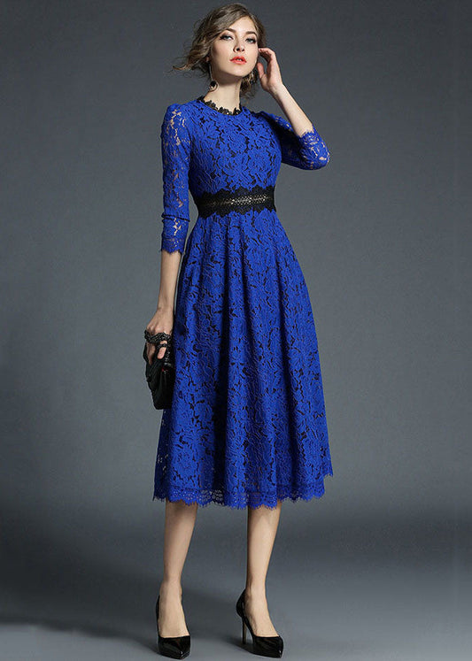 French Blue Hollow Out Embroideried Patchwork Lace Dresses Summer LY7366 - fabuloryshop