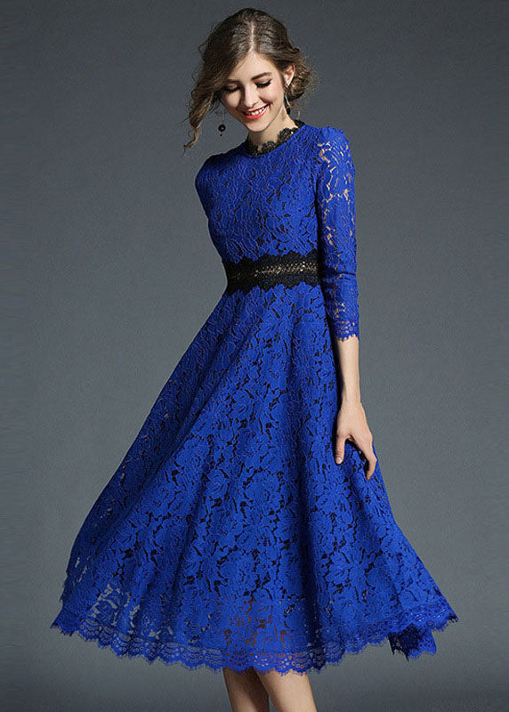 French Blue Hollow Out Embroideried Patchwork Lace Dresses Summer LY7366 - fabuloryshop