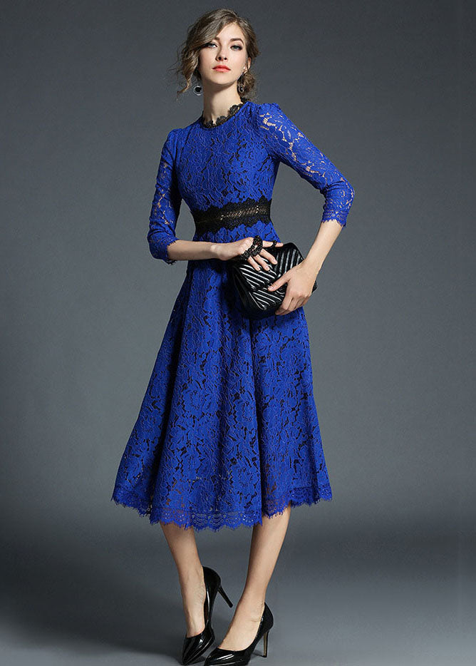 French Blue Hollow Out Embroideried Patchwork Lace Dresses Summer LY7366 - fabuloryshop