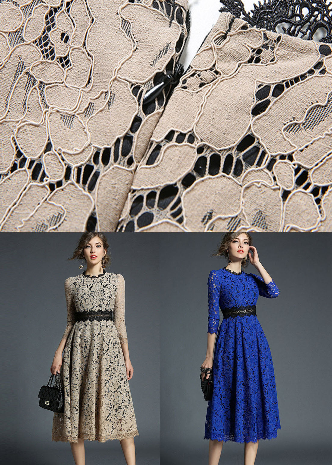 French Blue Hollow Out Embroideried Patchwork Lace Dresses Summer LY7366 - fabuloryshop