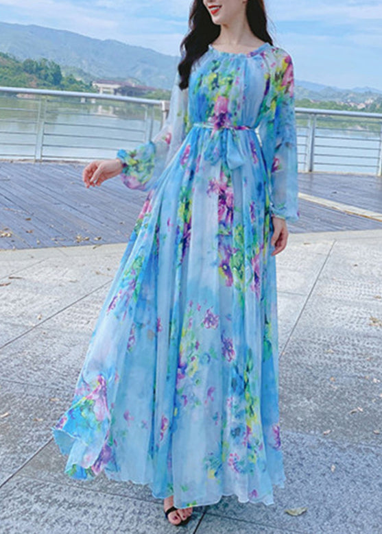 French Blue O-Neck Print Chiffon Long Holiday Dress Spring LY1788 - fabuloryshop