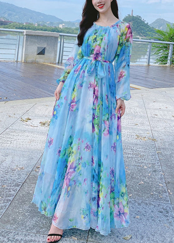 French Blue O-Neck Print Chiffon Long Holiday Dress Spring LY1788 - fabuloryshop