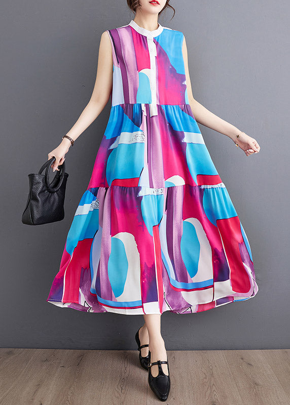 French Blue O-Neck Print Patchwork Wrinkled Chiffon Maxi Dresses Summer LY3997 - fabuloryshop