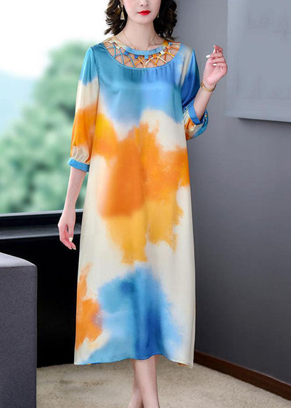 French Blue O Neck Tie Dye Patchwork Silk Dress Bracelet Sleeve Ada Fashion