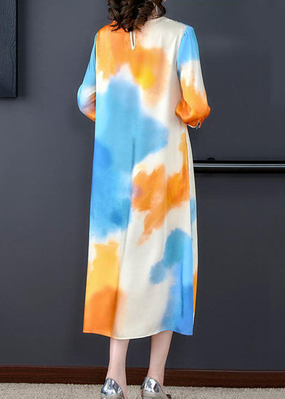 French Blue O Neck Tie Dye Patchwork Silk Dress Bracelet Sleeve Ada Fashion