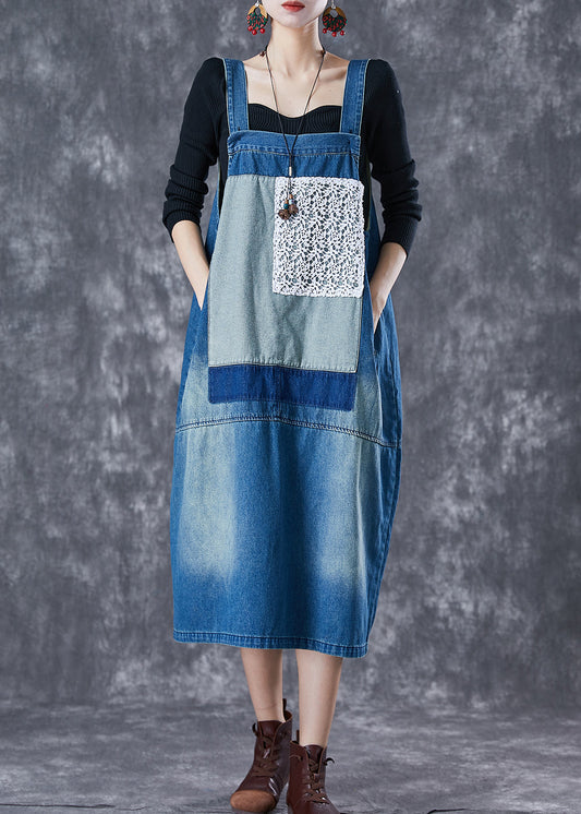French Blue Oversized Lace Patchwork Denim Strap Dresses Summer TD1058 - fabuloryshop