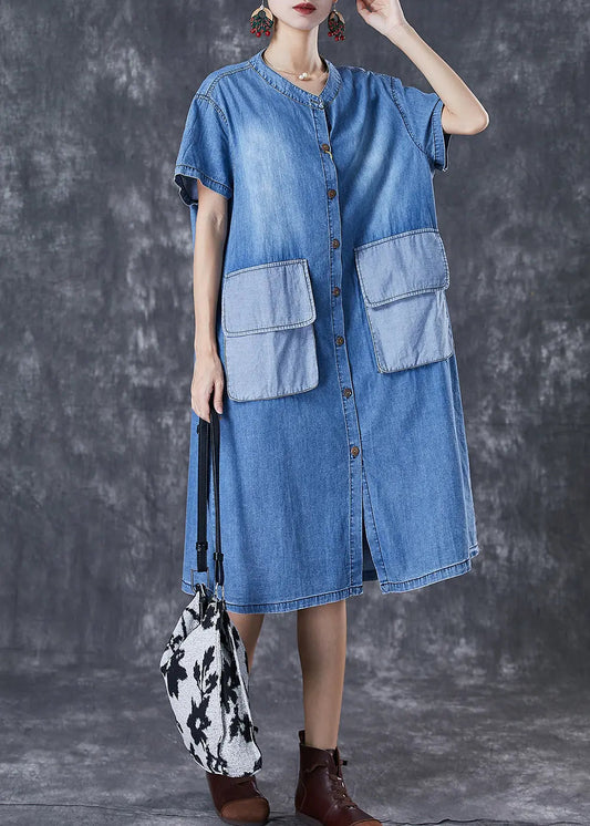 French Blue Oversized Patchwork Pockets Cotton Vacation Dresses Fall Ada Fashion