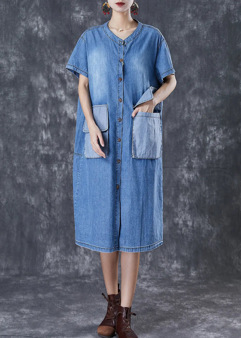 French Blue Oversized Patchwork Pockets Cotton Vacation Dresses Fall Ada Fashion