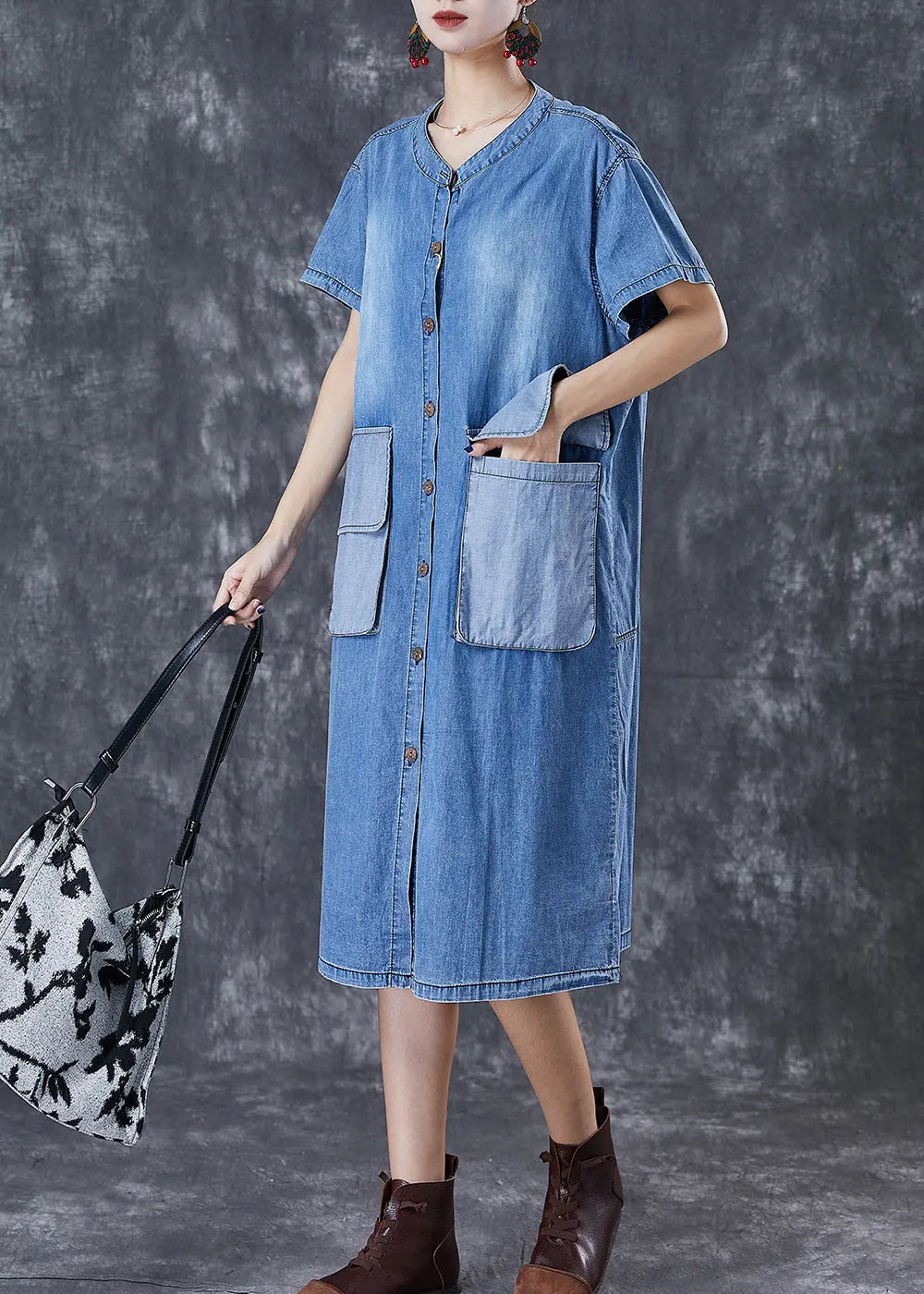 French Blue Oversized Patchwork Pockets Cotton Vacation Dresses Fall Ada Fashion