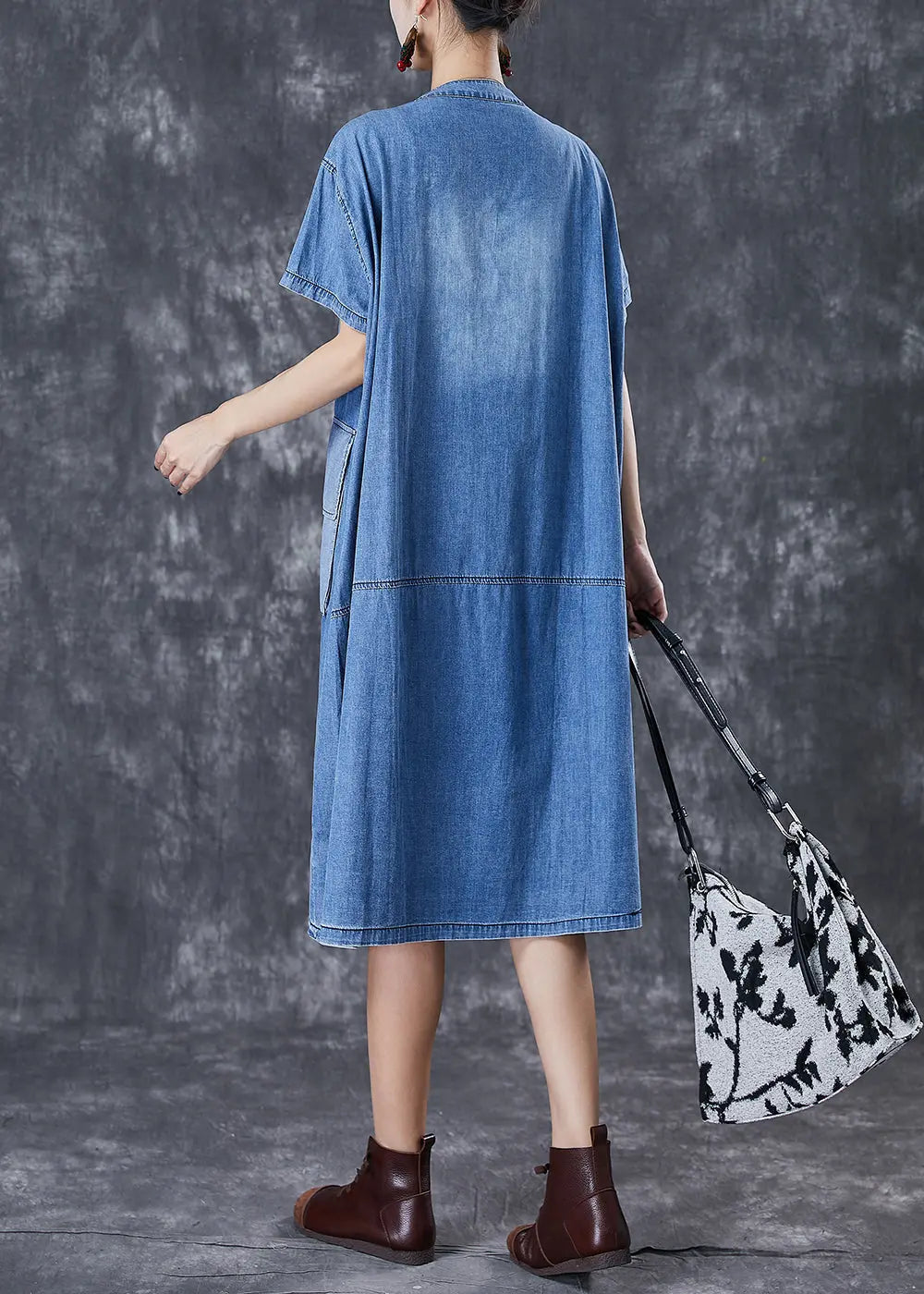 French Blue Oversized Patchwork Pockets Cotton Vacation Dresses Fall Ada Fashion