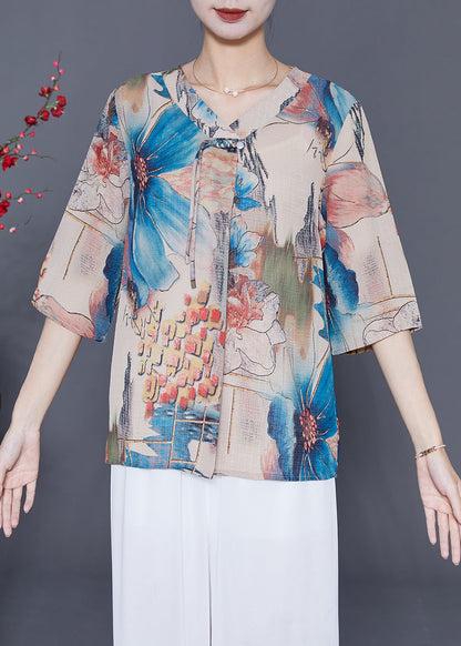 French Blue Oversized Print Chiffon Blouses Summer LY5396 - fabuloryshop