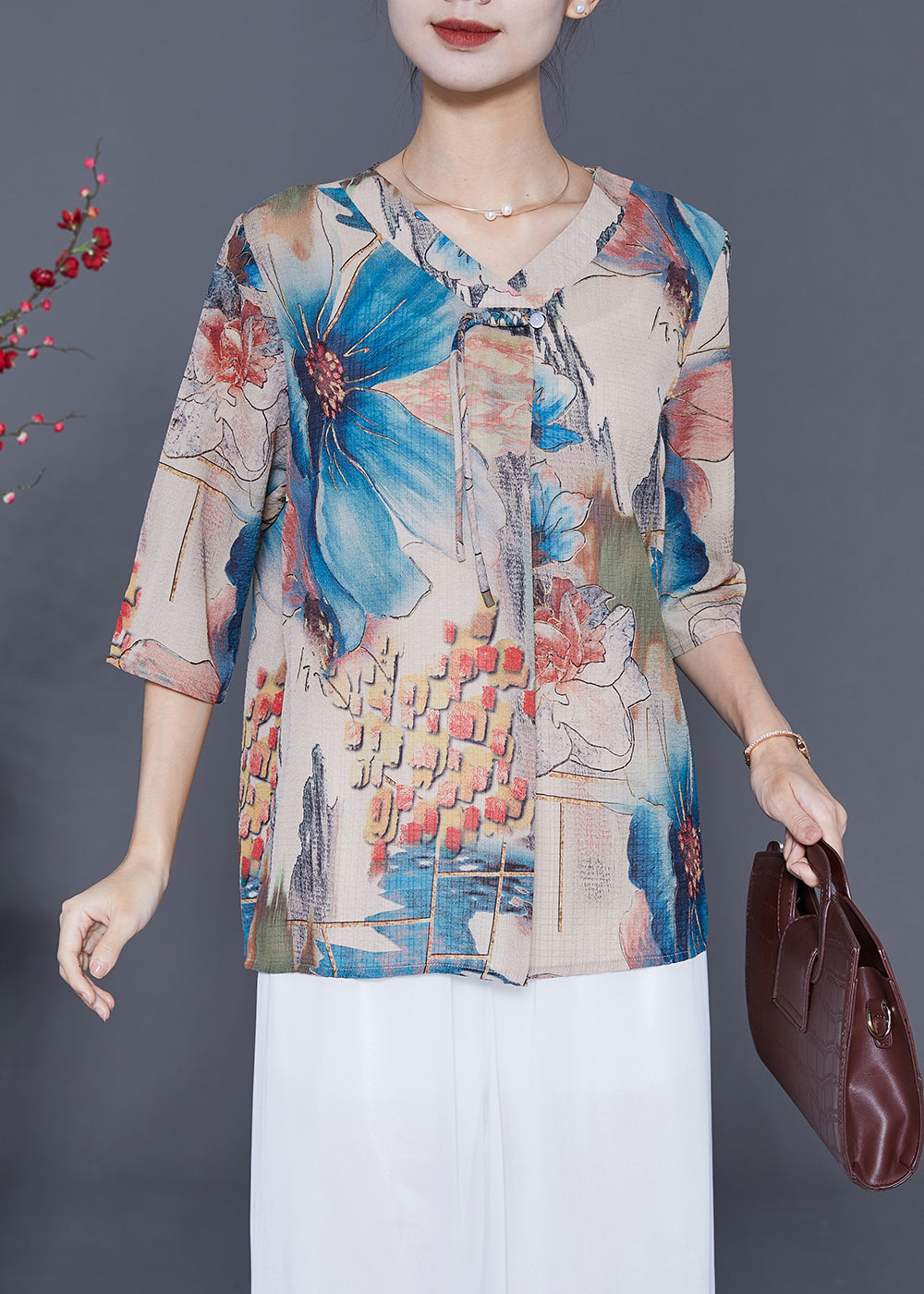 French Blue Oversized Print Chiffon Blouses Summer LY5396 - fabuloryshop