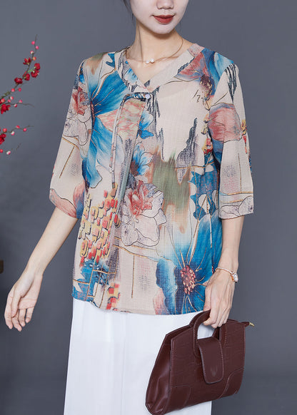 French Blue Oversized Print Chiffon Blouses Summer LY5396 - fabuloryshop