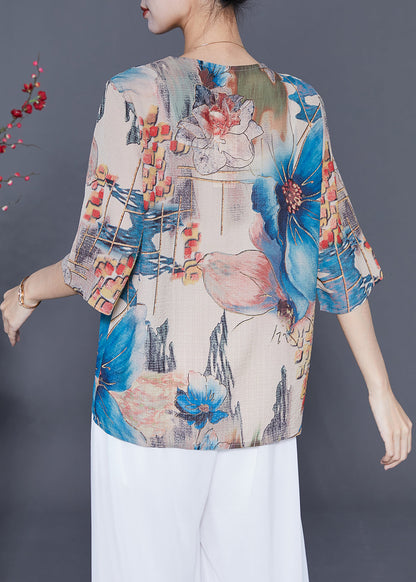 French Blue Oversized Print Chiffon Blouses Summer LY5396 - fabuloryshop