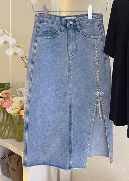 French Blue Patchwork Nail Bead Tassel Denim Maxi Skirts TY1080 - fabuloryshop