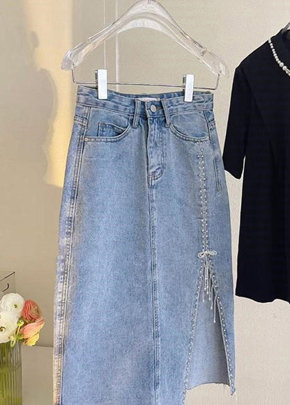 French Blue Patchwork Nail Bead Tassel Denim Maxi Skirts TY1080 - fabuloryshop