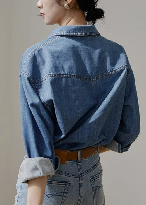 French Blue Button Patchwork Denim Blouses