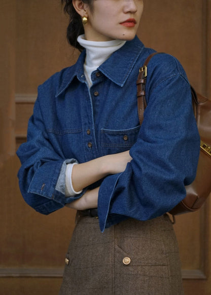 French Blue Button Pockets Denim Shirts