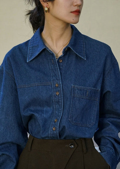 French Blue Button Pockets Denim Shirts