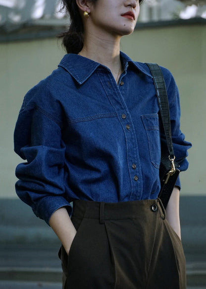 French Blue Button Pockets Denim Shirts