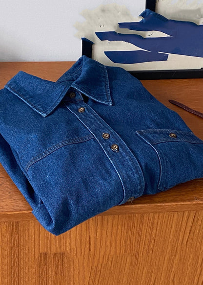 French Blue Button Pockets Denim Shirts