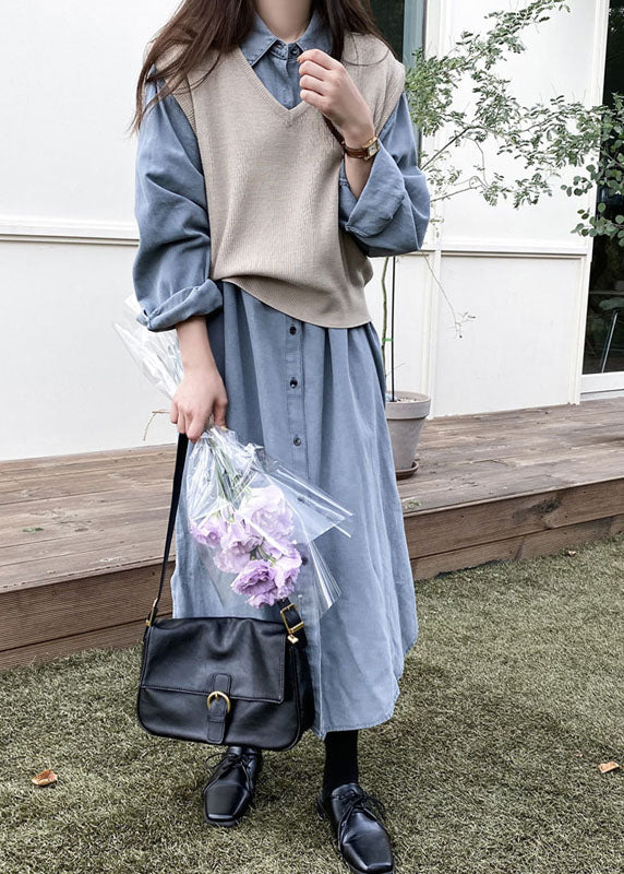 French Blue Peter Pan Collar Denim Shirts Dress And Vest Two Pieces Spring LY2083 - fabuloryshop