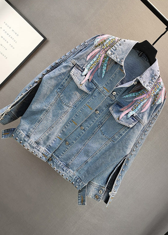 French Blue Peter Pan Collar Embroideried Patchwork Tassel Cotton Denim Coat Long Sleeve LY5262 - fabuloryshop