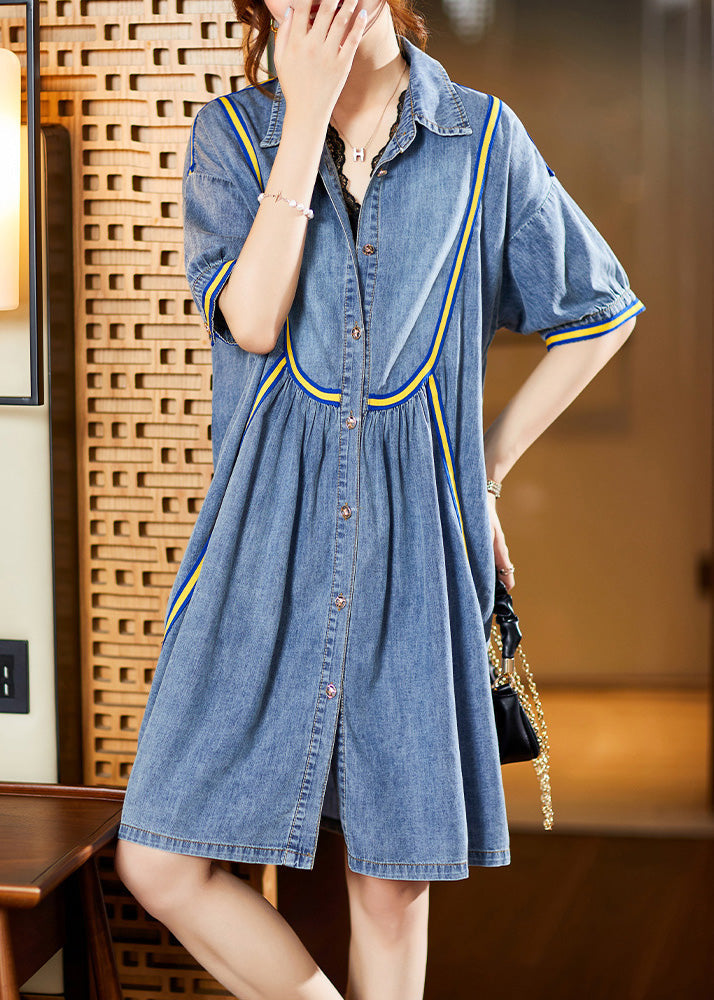 French Blue Peter Pan Collar Patchwork Wrinkled Button Cotton Maxi Dresses Summer LY6224 - fabuloryshop