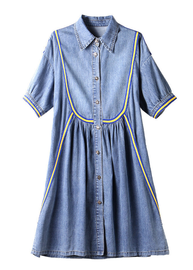 French Blue Peter Pan Collar Patchwork Wrinkled Button Cotton Maxi Dresses Summer LY6224 - fabuloryshop