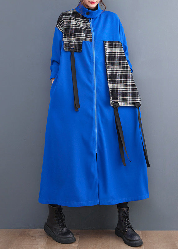 French Blue Peter Pan Collar Plaid Patchwork Zippered Long Trench Coats Spring LY0649
