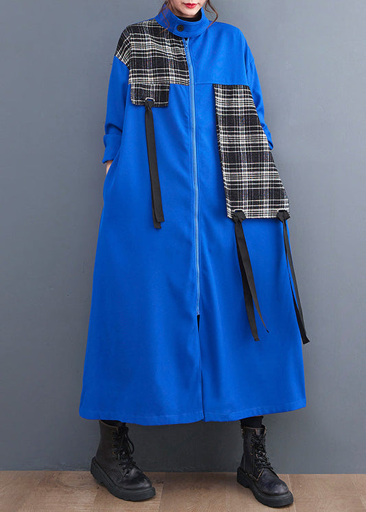 French Blue Peter Pan Collar Plaid Patchwork Zippered Long Trench Coats Spring LY0649 - fabuloryshop