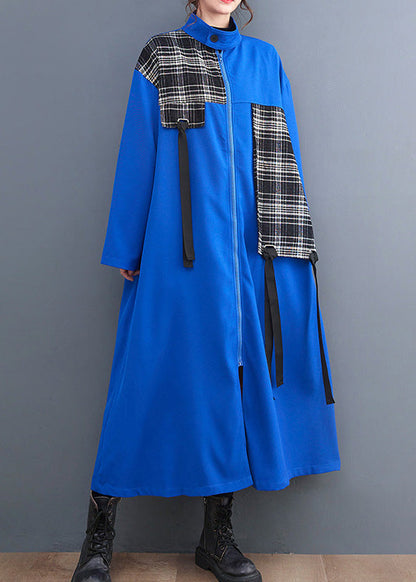 French Blue Peter Pan Collar Plaid Patchwork Zippered Long Trench Coats Spring LY0649 - fabuloryshop