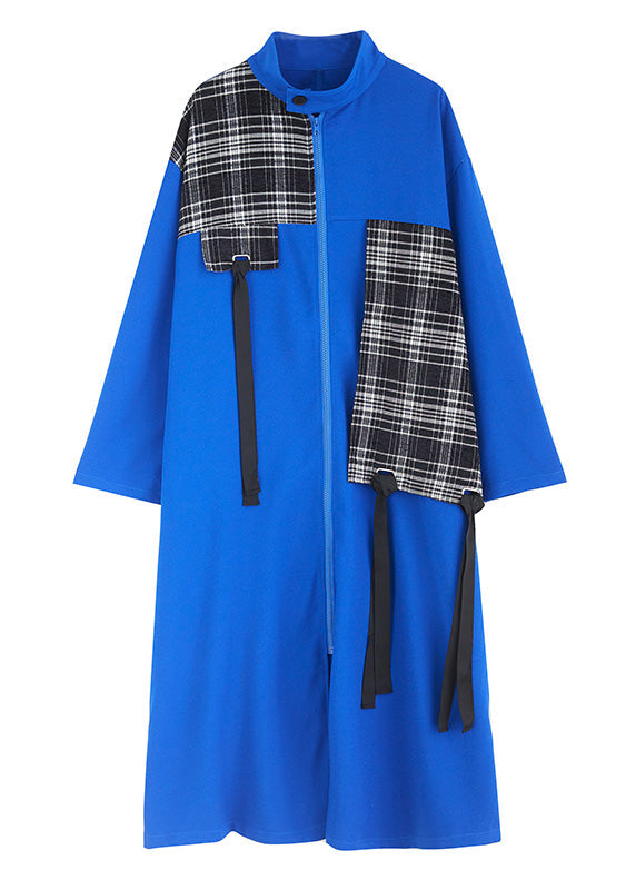 French Blue Peter Pan Collar Plaid Patchwork Zippered Long Trench Coats Spring LY0649